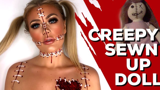 'CREEPY SEWN UP VOODOO DOLL MAKEUP TUTORIAL, QUICK EASY HALLOWEEN MAKEUP | AMY COOMBES'