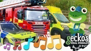 'Emergency Vehicles Song｜NEW Kids Music｜Gecko\'s Real Vehicles｜Police, Ambulance, Fire Truck For Kids'