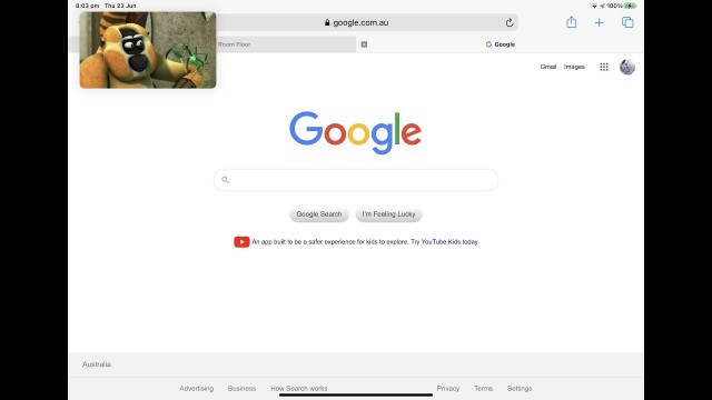 'Google search homepage with try YouTube Kids app link!'