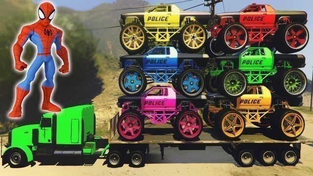 'COLOR POLICE MONSTER TRUCK TRANSPORTATION with SPIDERMAN CARTOON FOR KIDS NURSERY RHYMES'