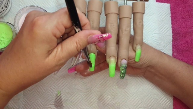 Nails by Michele, watch me work, Lime green ombre acrylic nails, Cjp_acrylic_system, glitter nails