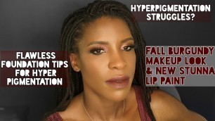 'Flawless Foundation Routine for Hyperpigmentation |Burgundy Makeup Tutorial | Fenty Stunna Lip Paint'
