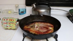 'Sous- Vide Cooking/ham steak  in cast iron frying pan'