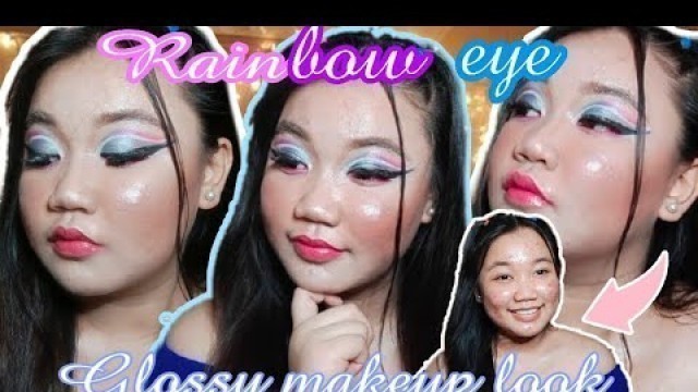 Easy Rainbow eye glossy makeup tutorial || Acne prone skin