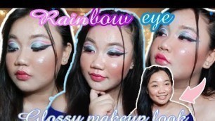 Easy Rainbow eye glossy makeup tutorial || Acne prone skin