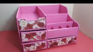'DIY makeup organizer | how to make makeup storage from cardboard | reuse of old cardboard'