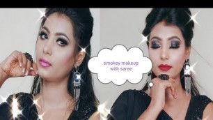 Black glitter smokey eye makeup tutorial in hindi with black saree l eye makeup for beginners