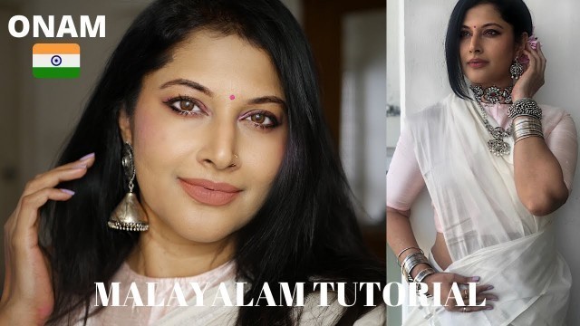 EASY ONAM MAKEUP TUTORIAL IN MALAYALAM! MY NEW FOUNDATION ROUTINE FOR ACNE SKIN |WHITE KERALA SAREE