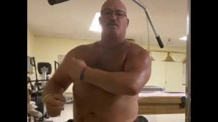 'Sweaty poses after workout from 55 year old muscle dad with padding'