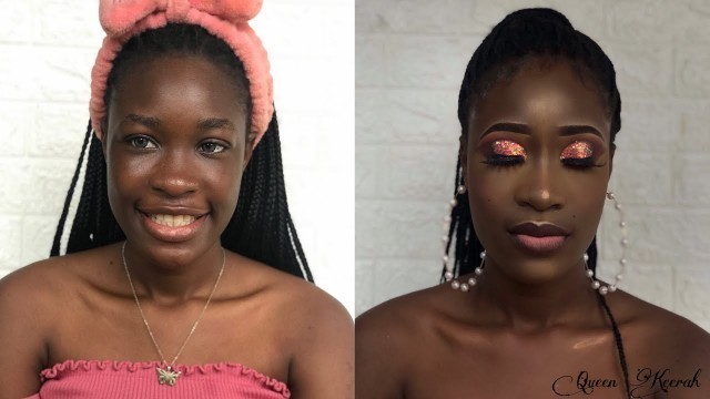 'PINK GLITTER CUT CREASE MAKEUP | Birthday Glam on Dark Skin | Hooded eyes'